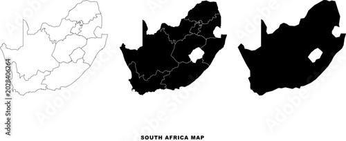 Vector map of South Africa with provinces highlighted in black and white