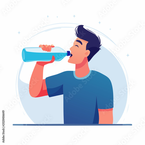 顔を赤くしてペットボトルの水を勢いよく飲む人のイラスト