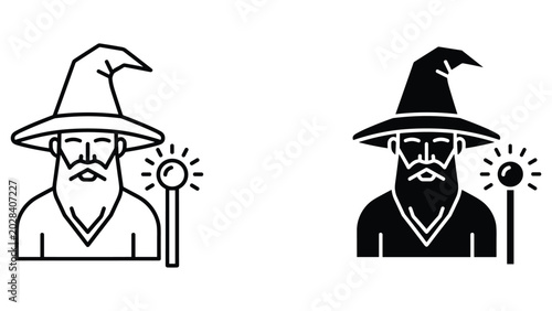 Foto Wizard character icon set with magic staff in line art and solid black vector