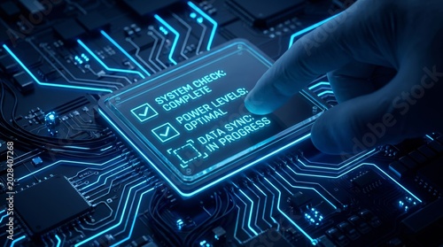 A human finger presses a vital command on a high-tech digital interface, initiating crucial data synchronization