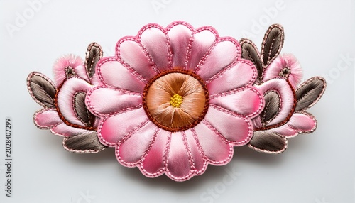 Pink Daisy Embroidered Patch Isolated On Transparent Background