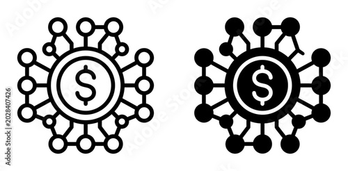 Digital currency network icons, blockchain money transfer symbols, fintech cryptocurrency vector set