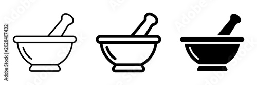 Minimalist mortar and pestle icons, pharmacy bowl vector set, laboratory grinding tool symbols
