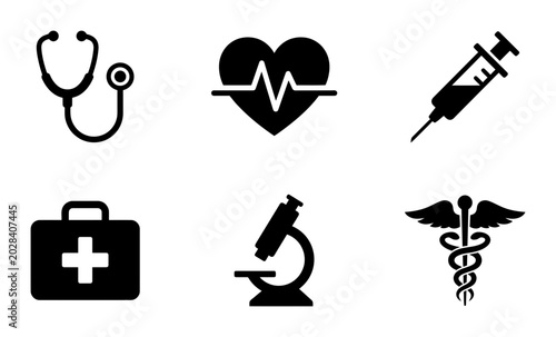 Medical icon set, black healthcare symbols vector, 6 clinical pictograms for hospital and medicine apps