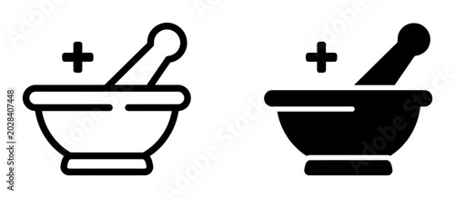 Pharmacy mortar and pestle icons, medical laboratory bowl symbols, black outline and solid vector set