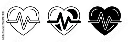 Medical heart rate icons, heartbeat pulse line symbols, 3 black and white vector elements for healthcare