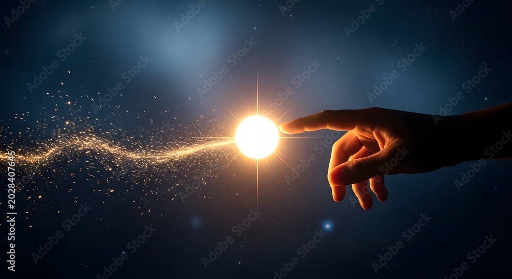 Obraz premium Finger touching bright glowing sun with sparkling light trail