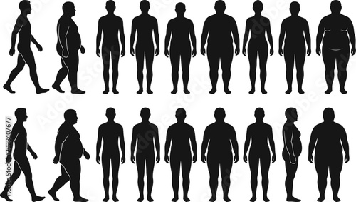 Foto Set of male and female silhouettes showing various body types from slim and fit