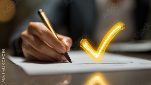 A hand holds a pen, poised to sign a document, with a glowing golden checkmark signifying approval and success. ..Created with Generative AI, not depicting real subjects.