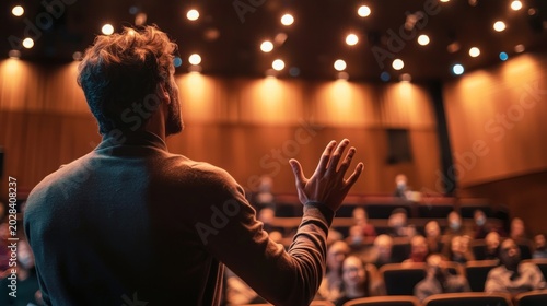 A confident and charismatic public speaker engaging a captivated audience in a modern auditorium with expressive hand gestures and warm lighting