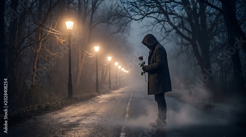 Lonely man in a hooded coat holding a red rose on a foggy night