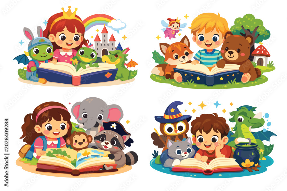 Fototapeta premium Set of Four Cartoon Illustrations of Happy Kids Reading Magic Storybooks with Friendly Animals, Dragons, and Fairytale Creatures, Perfect for Children's Education, Library, and Literacy.