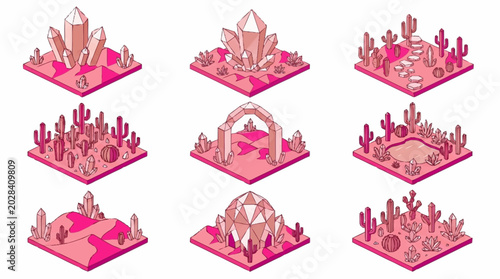 Photos Collection of pink 3D isometric crystal formations.