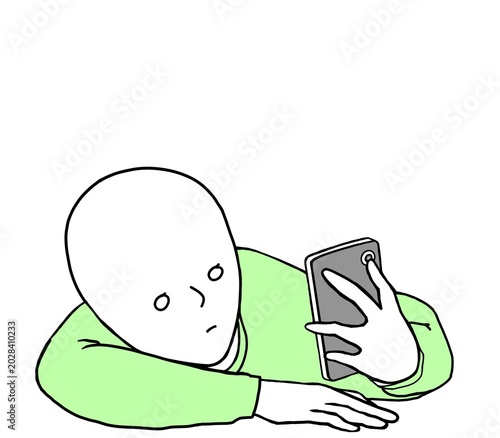 Person using smartphone while resting cheek on arm
