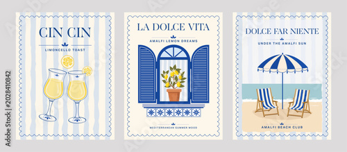 Bild auf Leinwand Amalfi Coast summer poster set with limoncello glasses, blue shutter window, striped beach chairs, lemon tree accents and Italian coastal typography in flat vector style