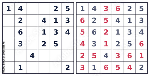 Tableau sur toile Complete 6x6 Sudoku with red solution on black grid