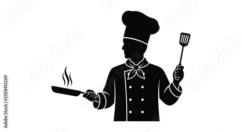 Foto Chef holding frying pan and spatula black silhouette