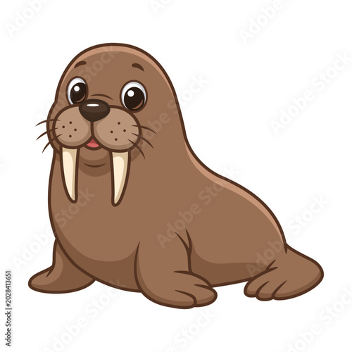 Funny Brown Walrus With Tusks Cartoon Illustration