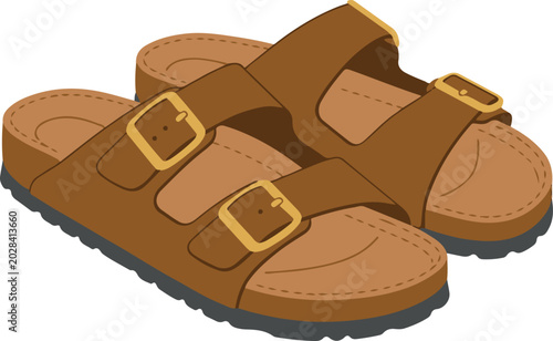 Schilderij op canvas Brown double-strap buckle sandals with open toe design, cushioned footbed, and textured black sole, casual summer footwear illustration isolated on white background