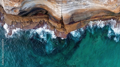 overhang. Aerial view of ocean waves eroding the base of a coastal cliff. ESG reports, sustainability campaigns, designed for environmental awareness campaigns, used by policy analysts.
