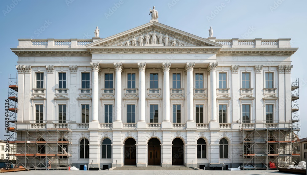 Fototapeta premium White Neoclassical Building with Columns under Construction