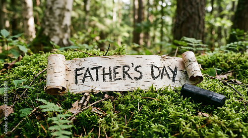 Handcrafted Father's Day message on birch bark, nestled in vibrant forest moss and greenery