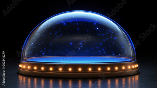 A glass display case featuring a blue starry sky