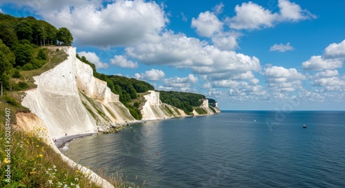 White cliffs and blue sea under summer sky.