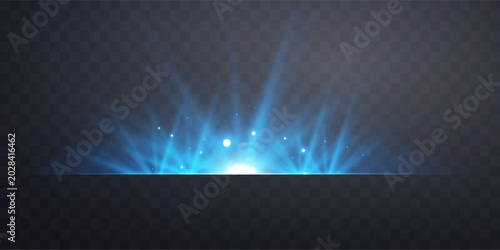 Blue horizontal lensflare. Light flash with rays or blue spotlight and bokeh. Glow flare light effect. Vector illustration. Isolated on black background.