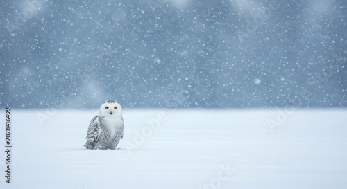 White snowy owl sitting in field during winter blizzard.