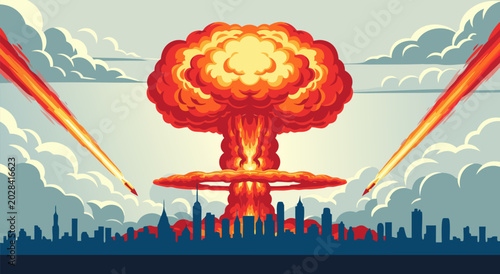 Schilderij op canvas Vector illustration of a mushroom cloud explosion over a city skyline with missi
