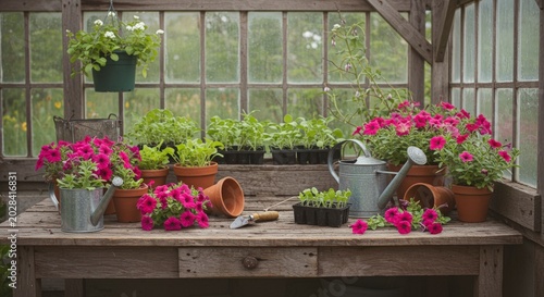 Wide view of a greenhouse potting table with petunias.