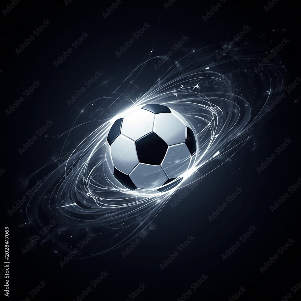 Fototapeta premium Futuristic Soccer Ball in Space with Neon Energy Swirls and Dark Background