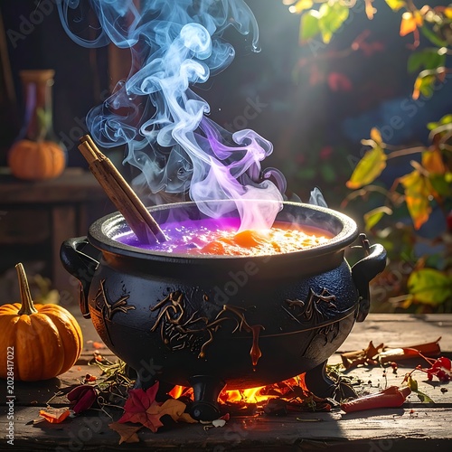 Witch cauldron bubbling purple potion outdoors.