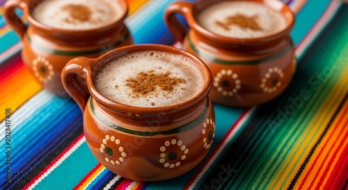 Traditional mexican hot chocolate in clay mugs on colorful serape