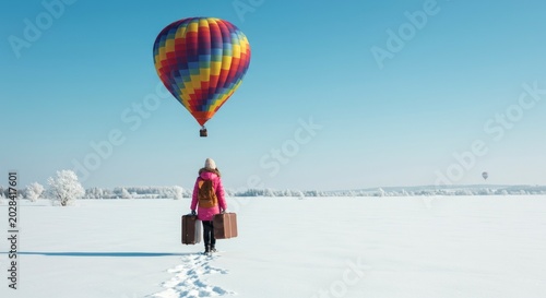 Woman with luggage walking toward colorful hot air balloon.