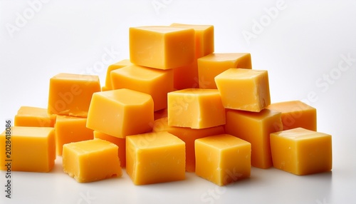 A Delectable Pile Of Cubed Cheddar Cheese Vibrant Yellow Sits Against A Stark White Background Perfect For Snacking Or Culinary Creations