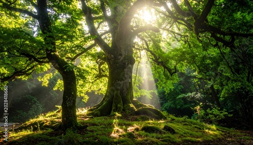Sunlight streams through a lush green forest canopy illuminating mossy ground