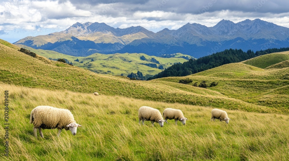 Fototapeta premium Sheep grazing on rolling hills covered in thick grass with distant mountains providing a dramatic natural backdrop