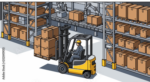 Isometric warehouse interior with forklift, shelves, boxes, and robotic arms