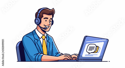 Friendly operator with headset, smiles while typing on laptop showing communication icon on screen