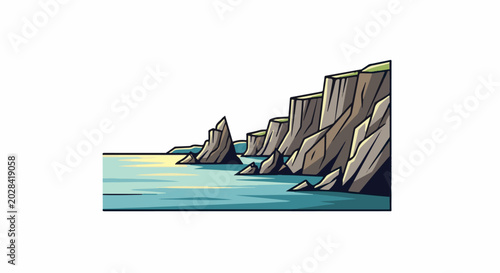 Jagged rock formations rise from a serene blue ocean under a bright sky