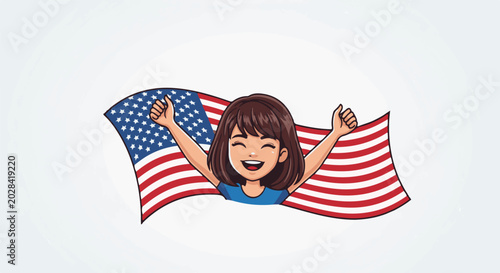 Joyful cartoon person with arms raised and thumbs up, behind a waving US flag