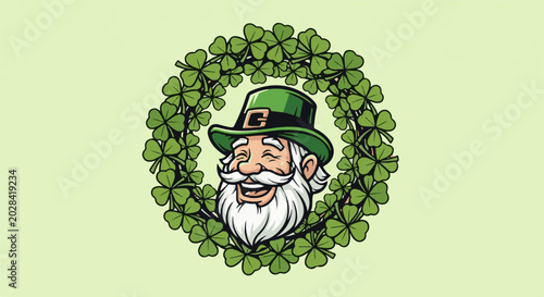 Jolly leprechaun framed by shamrock garland on a light green background