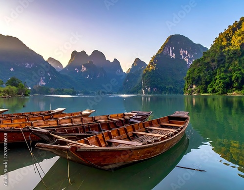 Wooden boats on serene lake water.