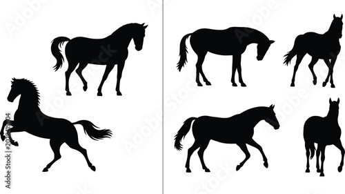 Foto Silhouette horses, equestrian animal illustration, standing and rearing poses, g