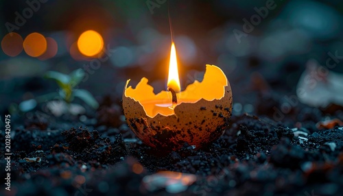 Candle flame in eggshell, resting in earth, glows against a blurred background