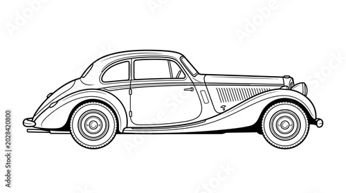 Classic retro coupe automobile line drawing illustration.