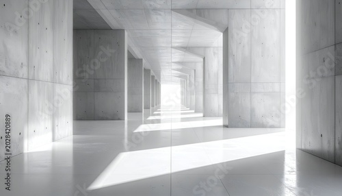 Concrete corridor with pillars, bright light at end, glossy floor reflection
