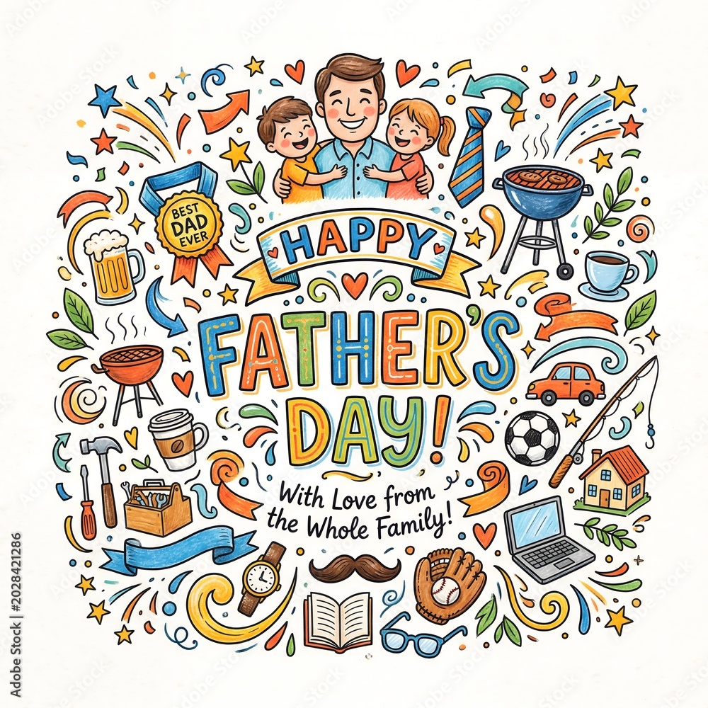 Fototapeta premium Happy Fathers Day hand drawn family celebration with lifestyle icons